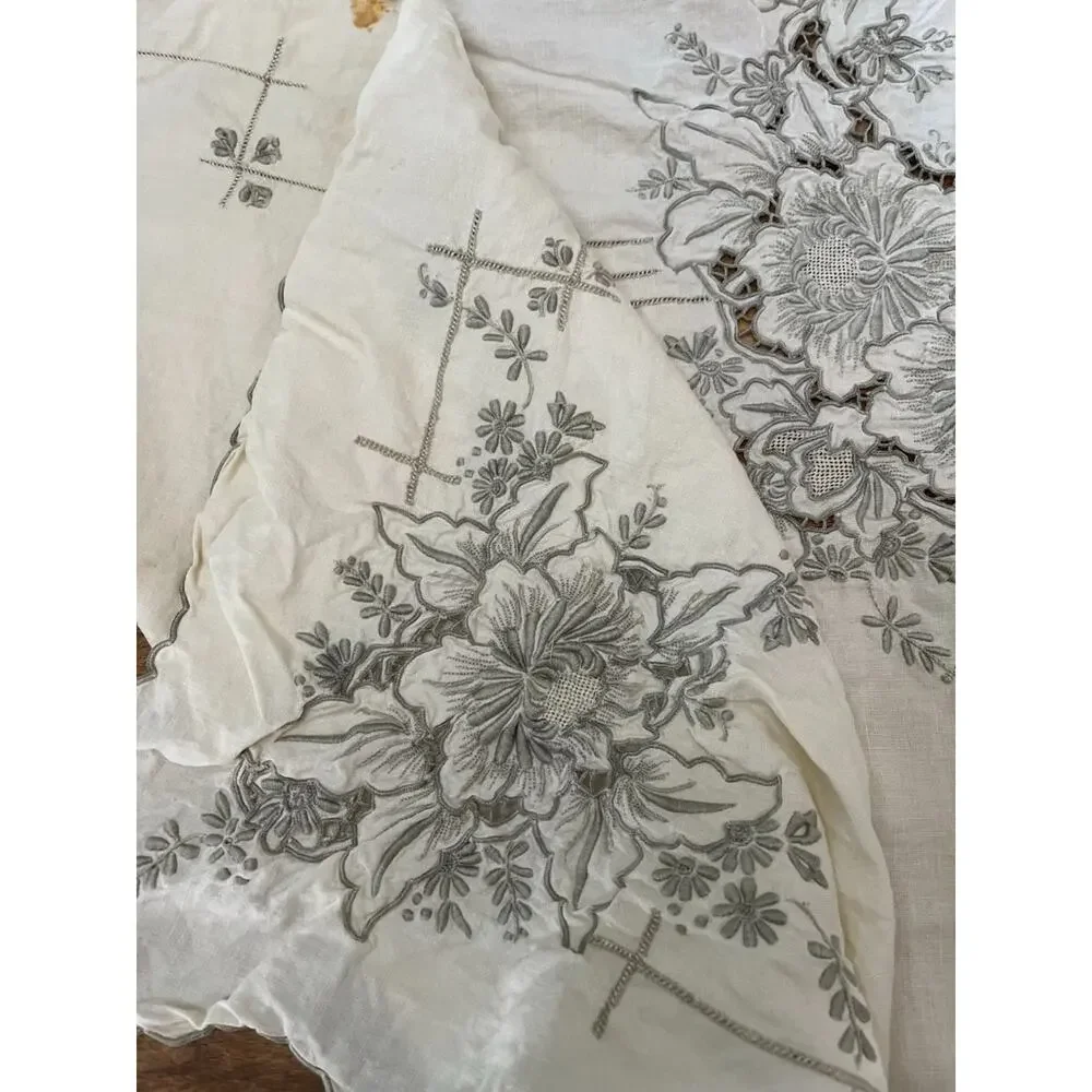 Vintage Hand Embroidery Floral Linen Tablecloth Ivory Rectangular 98